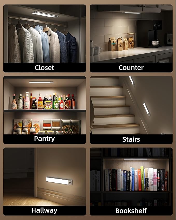 EZVALO 12inch Under Cabinet Lighting, 3200mAh Rechargeable Motion Sensor Light Indoor, with Dimmable & 3 Color Temps, Magnetic Closet Lights, Wireless Under Counter Lights for Kitchen, Stairs (4-Pack)