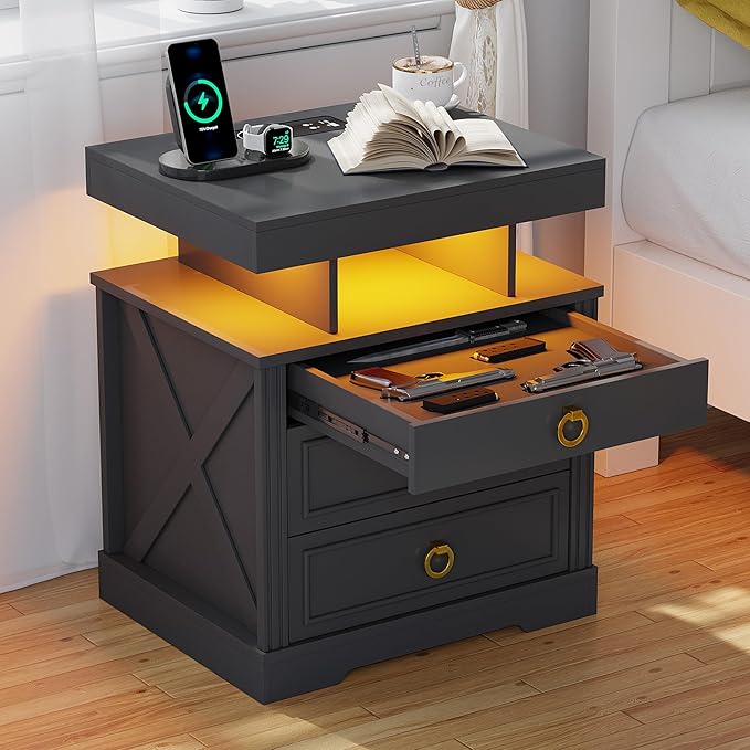 HNEBC Nightstand with Gun Drawers, LED Farmhouse Night Stand with Charging Station, Smart End Table with 3 Color Auto Light, Bedside tabel with Hidden Compartment for Bedroom Furniture-Black