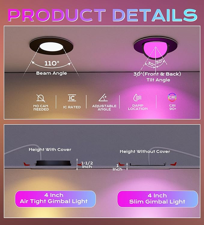CLOUDY BAY [4 Pack] 4 inch Gimbal Smart WiFi LED Recessed Lights,RGBCW Color Changing,Compatible with Alexa and Google Home Assistant,No Hub Required,2700K-6500K,IC Rated,Black