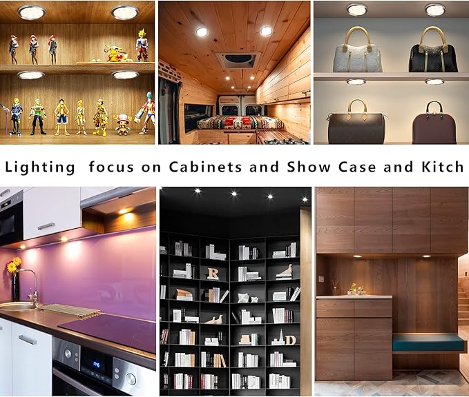 Puck Lights Bluetooth APP Smart Control Dimmable Tact Switch Under Cabinet Light Cabinet Lighting Cabinet Lights DC 12V Adaptor (Silver, Warm White, 10Pack)