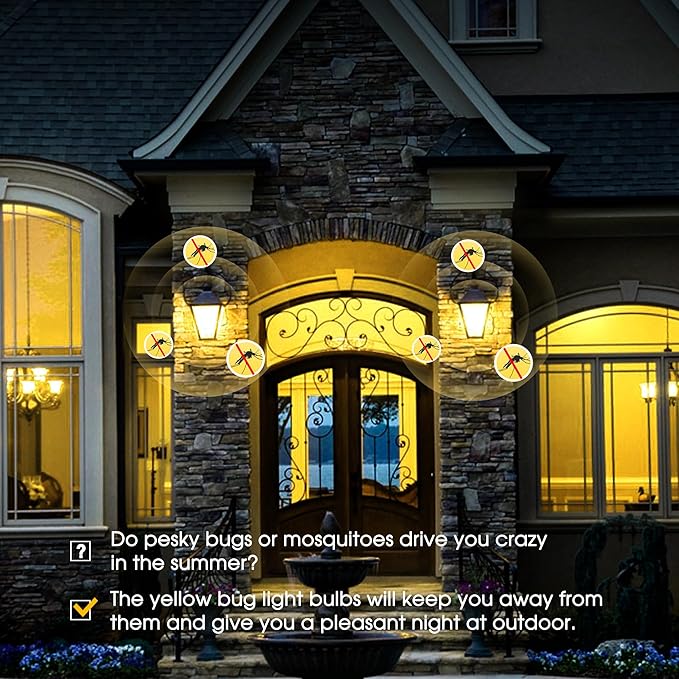 Flaspar Dusk to Dawn LED Yellow Bug Light Bulbs Outdoor 60W Equivalent, Amber Yellow Bug Light Bulb for Outside, Auto On/Off 9W 2000K A19 LED Bug Photocell Sensor Lights for Patio, Porch, 2 Pack