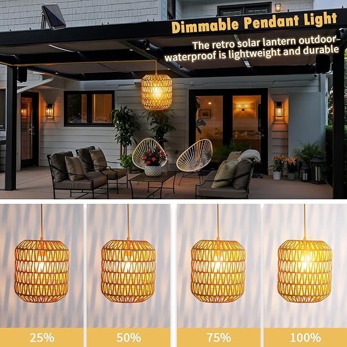 Outdoor Chandelier Solar Pendant Light Outdoor Hanging Lantern Solar Chandelier with Edison Bulb Remote Dimmable Waterproof for Porch Patio Gazebo Garden Yard Decoration