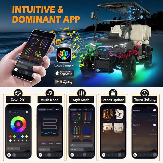 4PCS Golf Cart Underglow LED Light Strip Dream Color Neon Accent Lighting Kit APP/Remote Control Sound Active Music Sync Waterproof 12V-65V Input Compatible with EZGO Yamaha Club Car