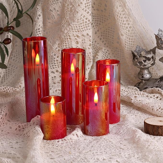 Eywamage Red Glass Flameless Candles with Remote Batteries, Flickering Slim Tall LED Pillar Candles Set of 5