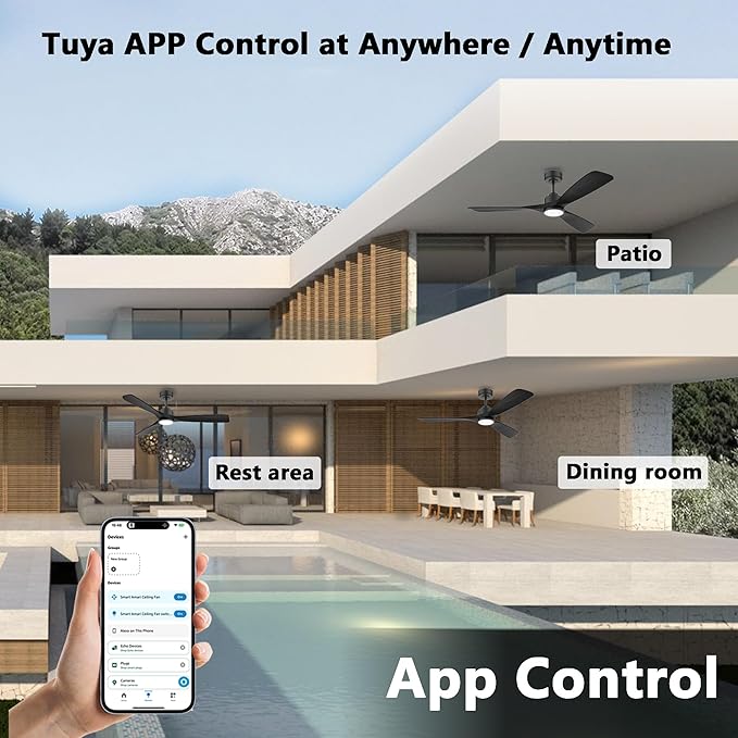52 Inch Wood Smart Ceiling Fans with Lights Remote,Voice Control via WIFI Alexa App,Quiet DC Motor,Outdoor Indoor Ceiling Fan,Dimmable,Modern Black Lighting & Ceiling Fan for Bedroom Patio Porch