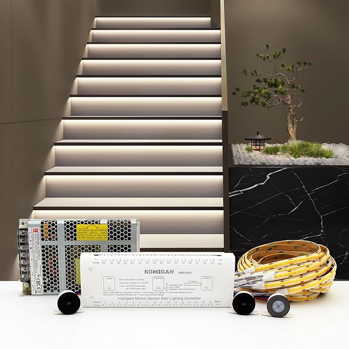 Intelligent Motion Triggered LED Stair Lighting Kit KMG-3233, 60" Cuttable LED Strip Light for Indoor LED Stair Lights (Cool White 6000K,16 Stairs)
