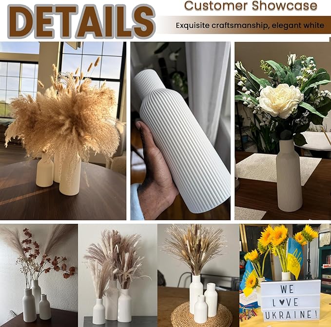 Colorful Ceramic Vases Set of 3 (White, Yellow, Blue) - Modern Matte Ribbed Color-Block Vases for Dried Flowers - Scandi Boho Decor Centerpieces for Living Room & Shelf