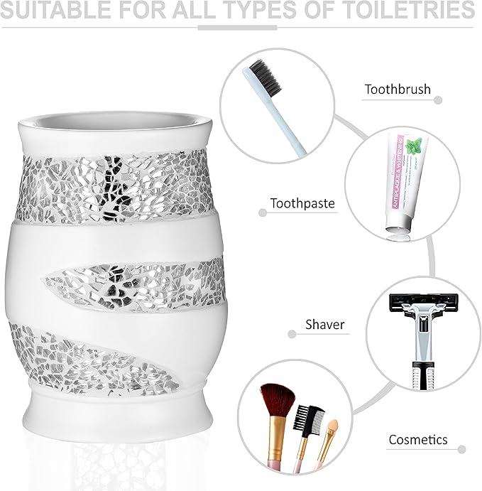 Zahari Home 4pc Sinatra Stylish Bathroom Accessories Set White Soap Dispenser, Tumbler, Tooth Brush Holder and Soap Dish Modern Classic Luxury Decor Bling Mosaic Glass White Bathroom Accessories