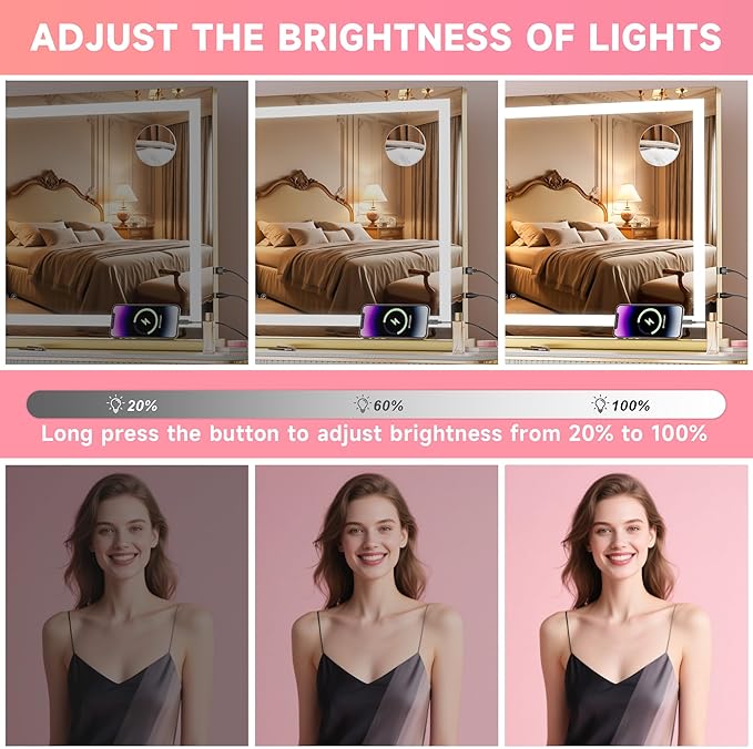 Vanity Mirror with Lights, 32" x 22" LED Makeup Mirror with 10X Magnification, Dimmable 3 Modes, Memory Function, Smart Touch, USB Charging Port, Lighted Makeup Mirror Square Glod