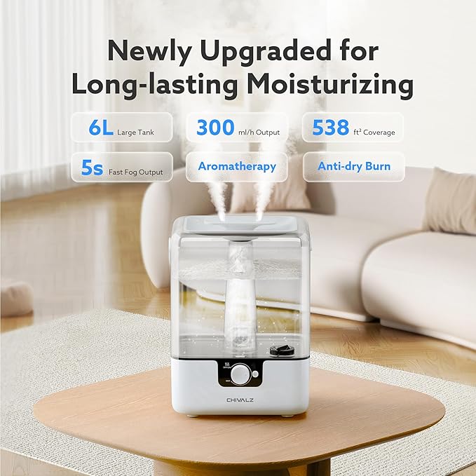 CHIVALZ Humidifiers for Bedroom Large Room Home, 6L Cool Mist Humidifier for Baby and Plant, Oil Diffuser, Top Fill Humidifier with Night Light, Quiet 26dB, Up to 50H, White 1Pack