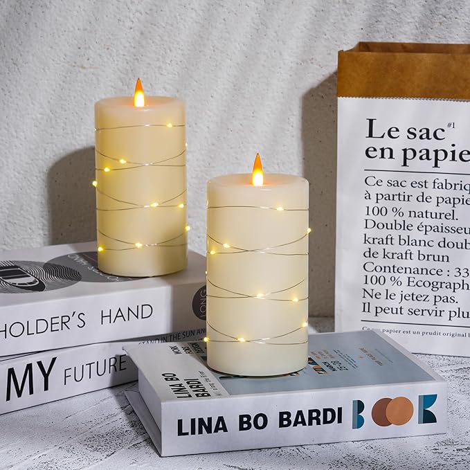 Rechargeable Flameless Candles, LED Candles, Candles with Remote and Timers, Real Wax Pillar Candles, with Flickering Embedded Star String，Ivory White, Set of 2