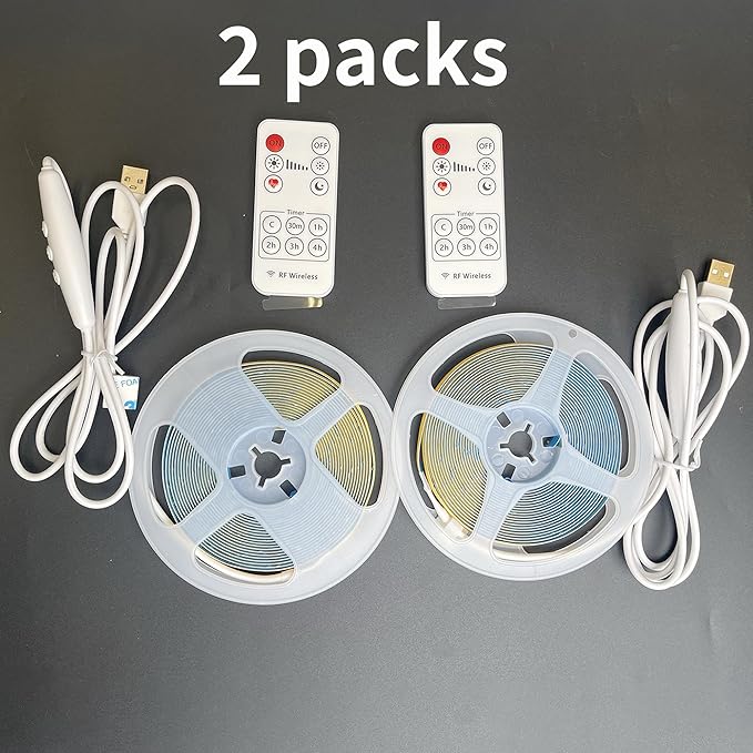 5V USB COB LED Strip Lights with Remote Dimmable Switch 2Pcs,6.56FT/2M,Natural White 4000K,320LEDs/M,8mm Width,Not Waterproof IP20,1.5M USB Switch Cable,for DIY Home Indoor Decoration
