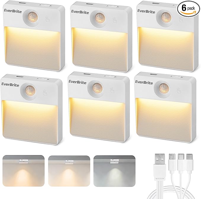 EverBrite Rechargeable Square Motion Sensor LED Night Light, Motion Activated LED Night Light with 3 Lighting Modes, Touch Control, 3 Color Temperatures & Dimmable, for Hallway, Bedroom, 6 Pack