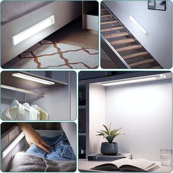2 Pack Under Cabinet Lights, 52 LED Cold White Rechargeable Under Cabinet Lighting Motion Sensor LED Lights for Kitchen, Counter, Closet, Stairs (Silver - Cold White Light, 12.2 Inch - 2 Pack)