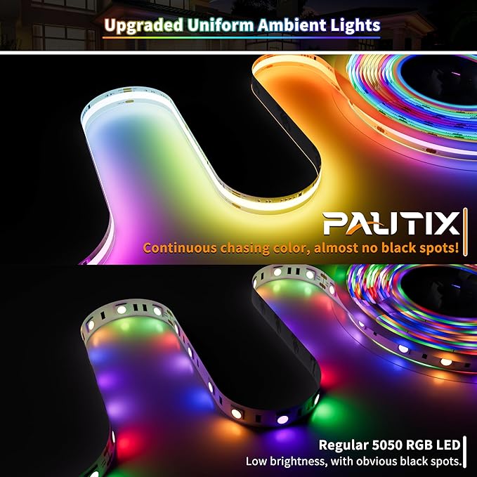 PAUTIX IP65 Waterproof RGB Smart IC COB LED Strip Light Addressable 24ft/7.5m,24V Color Flowing Strip Light Multicolor Flexible Tape Light for TV,Room,Party DIY Decoration(Without Controller&Adapter)