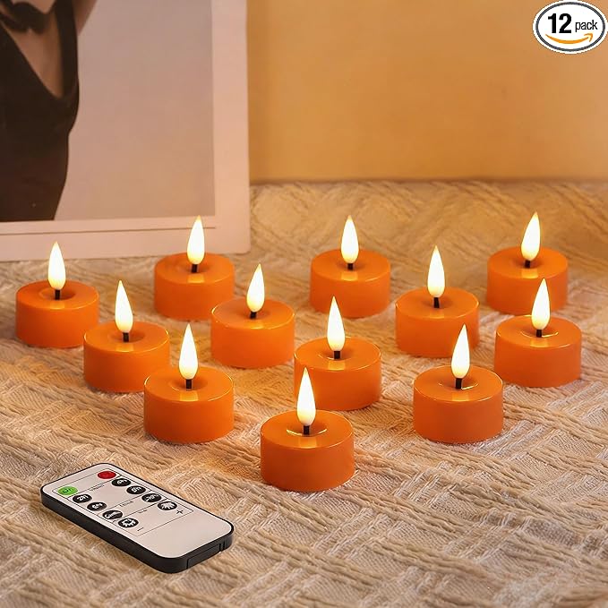 Eywamage Orange LED Tealights with Remote Batteries, Flickering Flameless Tea Votive Candles Decor Set of 12