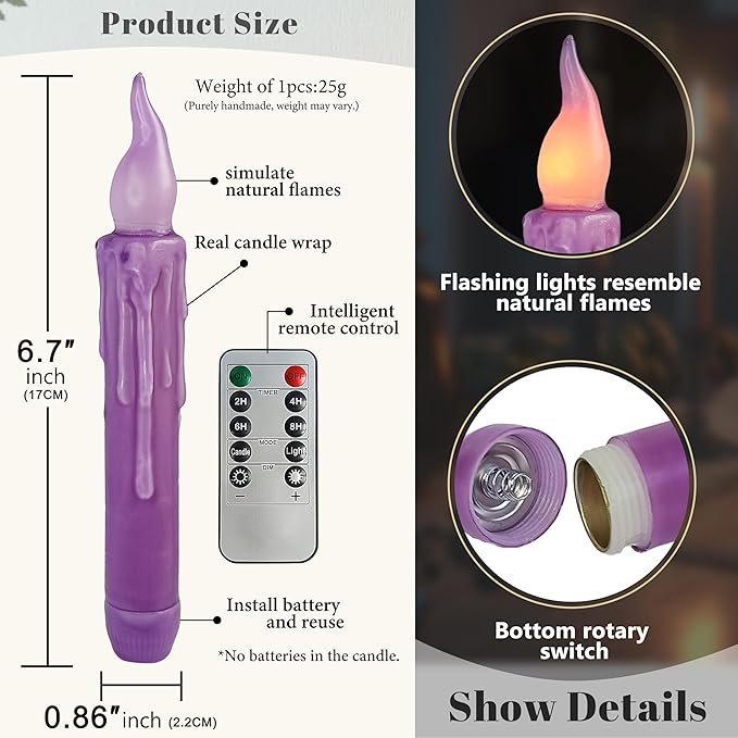 Purple Flameless Short Taper Candles, Real Wax Hand Dipped LED Battery Operated with Remote, Flickering Flame Lights for Festival Party Home Décor, 6.7 Inch Primitive Flameless Candles, 4PCS