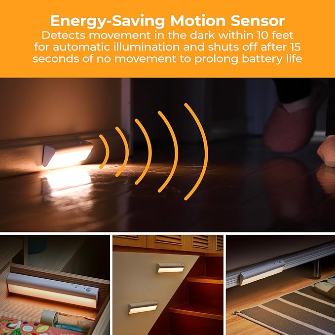 Battery Operated Under Cabinet Lighting, Motion Sensor On/Off, Warm White LED, Stick-On Install for Kitchen & Closets - 1 Bar