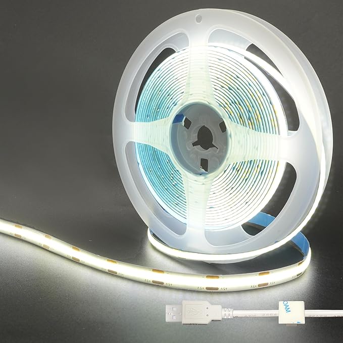 5V USB COB LED Strip Lights,9.84FT/3M,Cool White 6500K,320LEDs/M,8mm Width,Not Waterproof IP20,1M USB Cable,Flexible LED Tape Light for DIY Home Indoor Decoration