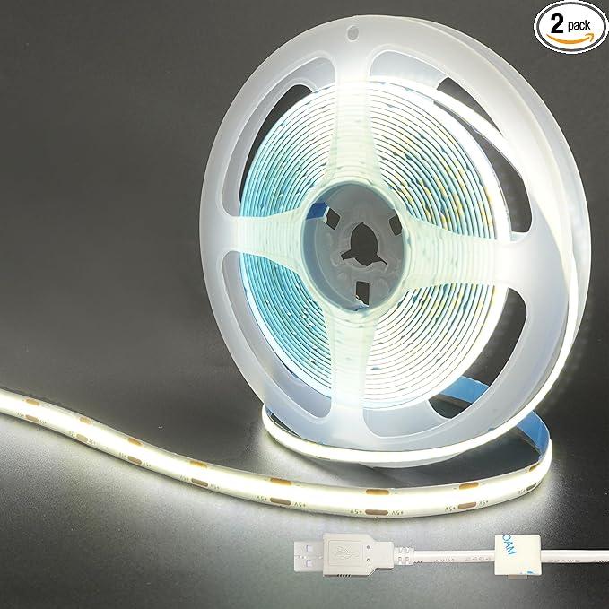5V USB COB LED Strip Lights 2PCS,9.84FT/3M,Cool White 6500K,320LEDs/M,8mm Width,Not Waterproof IP20,1M USB Cable,Flexible LED Tape Light for DIY Home Indoor Decoration