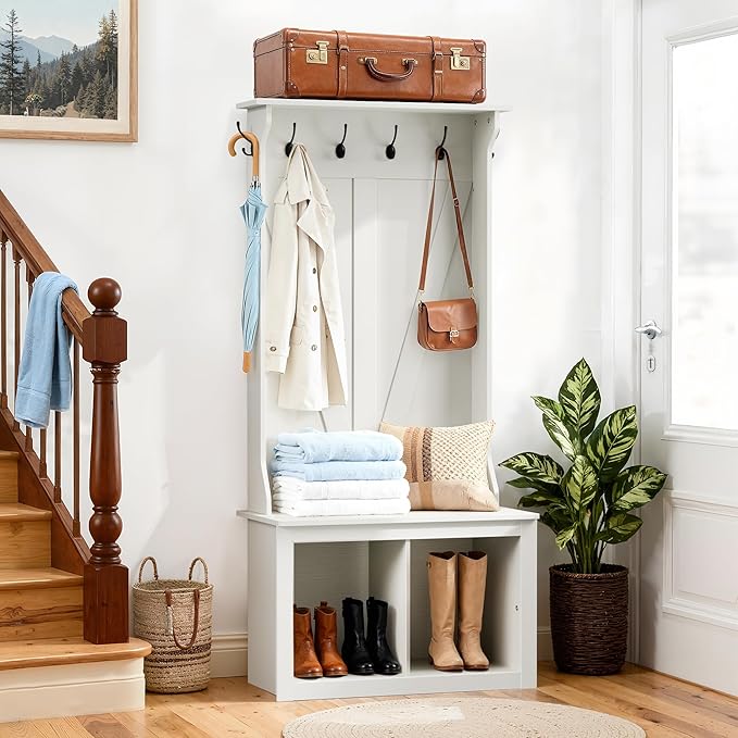 JUMMICO 67" Hall Tree with Bench and Shoe Storage, Farmhouse Entryway Bench with Coat Rack, Mudroom Storage Organizer with 2 Cubbies, 6 Hooks for Entryway, Living Room, White