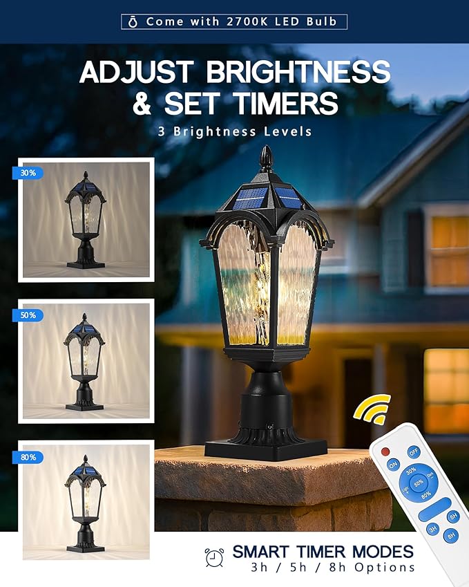 FEMILA Solar Post Lights Outdoor, 17.3" Dusk to Dawn Outdoor Post Lights Aluminum Glass Solar Post Light for Garden Patio Driveway, 4FYX90P-SL BK