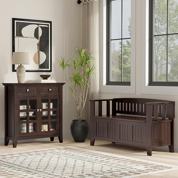 SIMPLIHOME Acadian Solid Wood 48 inch Wide Storage Bench that Seats 2 and 36 inch Wide Storage Cabinet in Brunette Brown for the Living Room, Entryway, and Family Room, Transitional Style