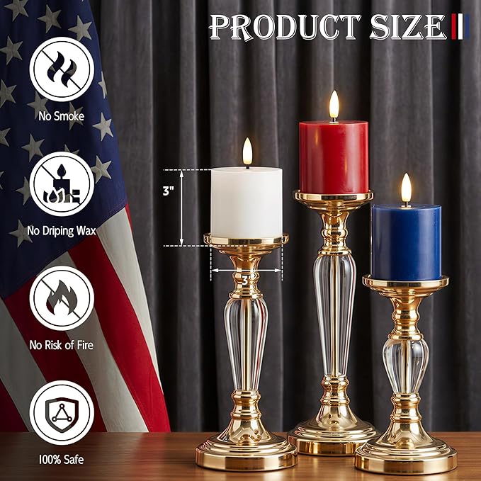 4th of July Candles, Patriotic Flameless Pillar Candles with Remote and Timer, Red White and Blue Battery Operated Set of 3, Real Wax LED Pillar Candles for Independence Day Celebrations