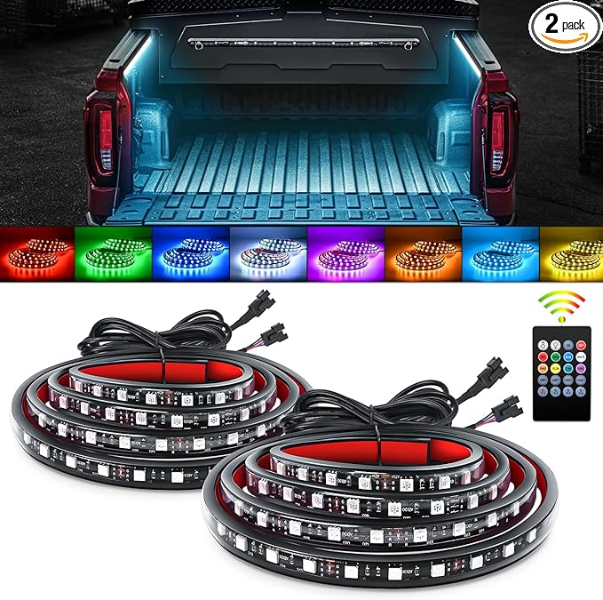 GOOACC RGB Truck Bed Light Strip 2PCS 60" 180 LEDs Neon Accent Lighting with RF Remote On/Off Switch Splitter Extension Cable for 12-Volt Car Cargo Pickup SUV RV Boat