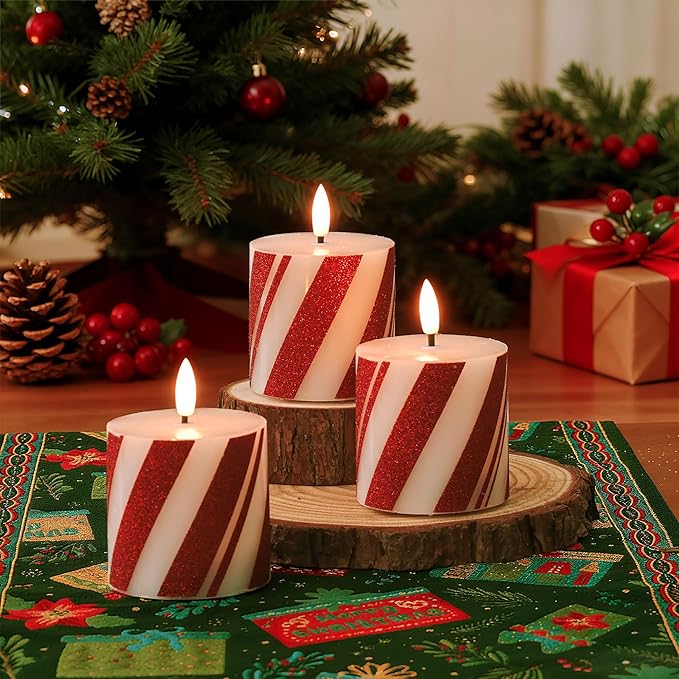 Christmas Candy Cane Stripe Flameless Pillar Candles, Real Wax Red and White Battery Operated Flickering Candles with Timer for Xmas Holiday Home Decoraction, Set of 3(3"x3")