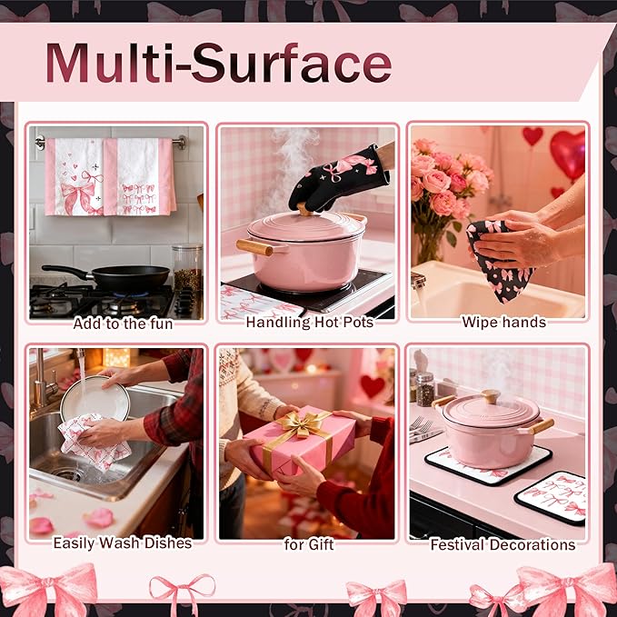 8 Pcs Cute Pink Bow Kitchen Towels and Dishcloths Sets Oven Mitts Pot Holders Set Valentines Day Absorbent Decor Accessories Gloves Potholders Heat Resistant for Chef Baking Cooking Home Gifts