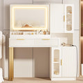 45" Fluted Makeup Vanity Desk with Mirror and Lights, Makeup Desk with 5 Shelves& 2 Storage Cabinet, Vanity Table with Power Outlet, 3 Color Adjustable Lighting Dressing Table Set for Bedroom