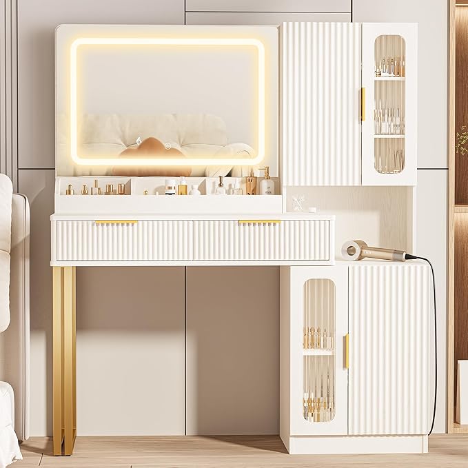 45" Fluted Makeup Vanity Desk with Mirror and Lights, Makeup Desk with 5 Shelves& 2 Storage Cabinet, Vanity Table with Power Outlet, 3 Color Adjustable Lighting Dressing Table Set for Bedroom