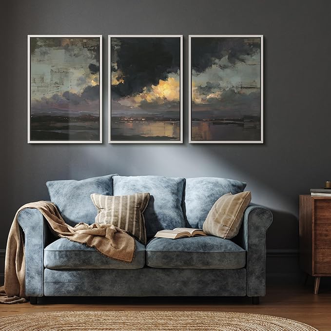 wall26 Framed Canvas Print Wall Art Set Moody Harbor Dusk with Storm Clouds Illustrations Modern Art Decorative Multicolor for Living Room, Bedroom, Office - 16"x24"x3 WHITE