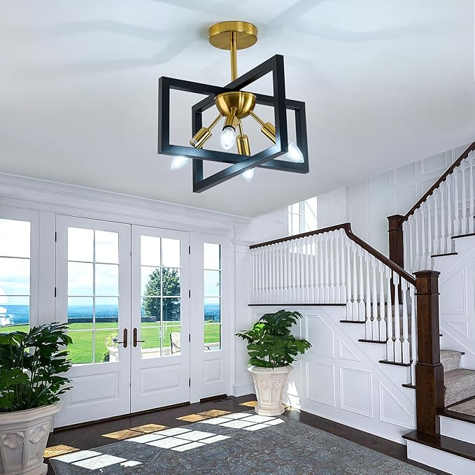 ZGLAOJT 4-Lights Ceiling Light Fixture Modern Black and Gold Semi Flush Mount Ceiling Lighting Matte Chandelier for Bedroom Kitchen Foyer Hallway Living Room Farmhouse