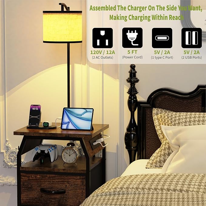 Floor Lamp with Table, End Tables with Lamps Attached 3-Color Temperature Bulb, Side Table with Lamp with 2 Drawers & Charging, Lamps Tables Combo for Bedroom, Dorm, Apartment - Rustic Brown