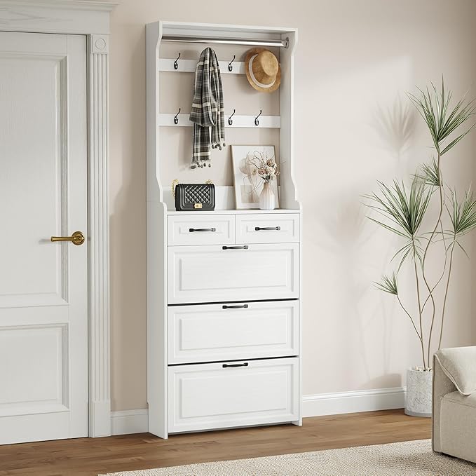 Betoko Hall Tree with Shoes Storage,Farmhouse Entryway Coat Rack Wooden Mudroom Hallway Tree Bench Corner Tree Cabinet with 8 Coat Hooks and 3 Shoes Cabinets and 2 Drawers(White)