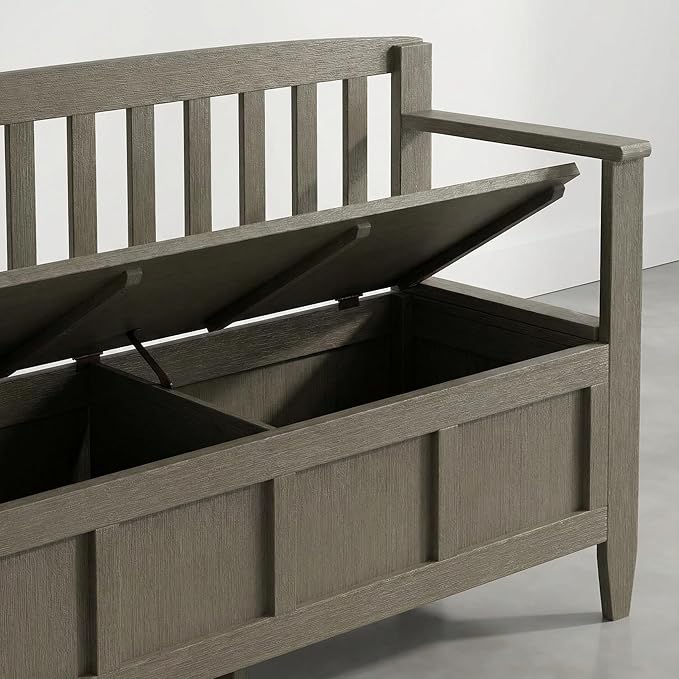 SIMPLIHOME Brooklyn Entryway Storage Bench - 48 inch Wide Solid Wood Storage Seat in Aged Grey, Contemporary Bench for Entryway or Living Room with Lift-Up Lid and Slatted Backrest