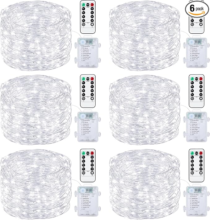 Mlambert 6 Pack 33FT Fairy Lights Battery Operated with Remote and Timer, Waterproof Dimmable 8 Modes Lights for Classroom Backyard Party-Cool White