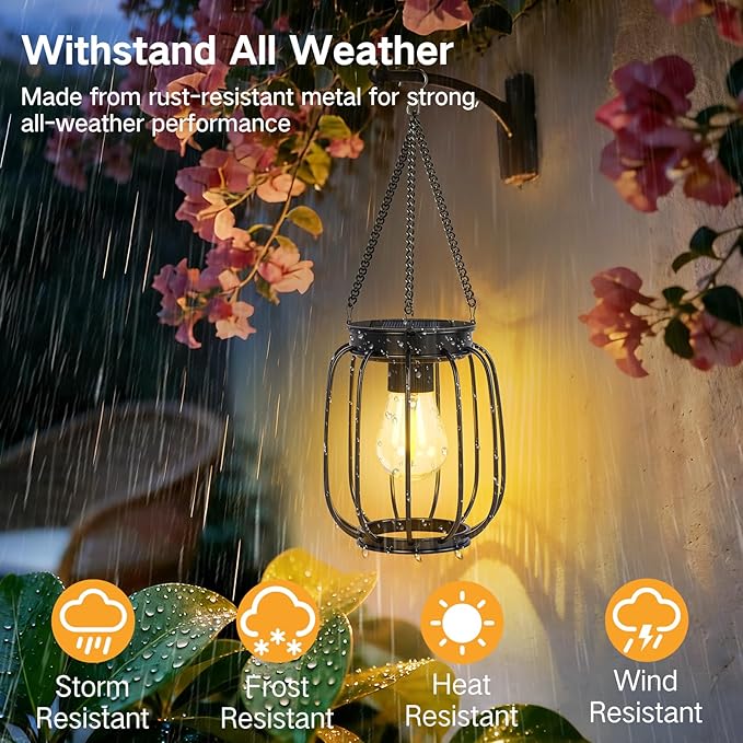 Outdoor Solar Lanterns, Waterproof Vintage Metal Hanging Lights with Warm White LED, Auto On/Off, Brighter Decorative Lanterns for Garden Patio Yard Porch, Gifts for Women Mom, 2 Pack