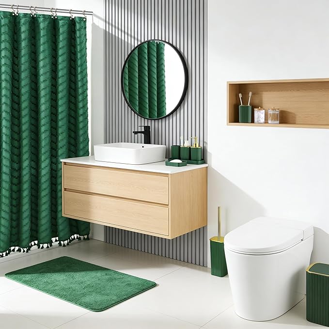 Bathroom Accessories Set-23Pcs Set, Complete Bathroom Decor & Home Decor, Bathroom Set with Toilet Brush, Trash Can, Soap Dispenser,Modern Bath Essentials (Green, Bath Set+Shower Curtain&Liner Set)