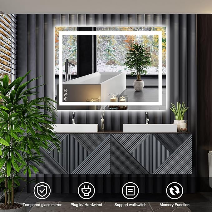 40x32 LED Bathroom Mirror with Lights, Anti Fog Vanity Mirror Wall Mounted, Dimmable Front Light and Backlight, Memory Function Tempered Glass, Shatter Proof ETL Listed