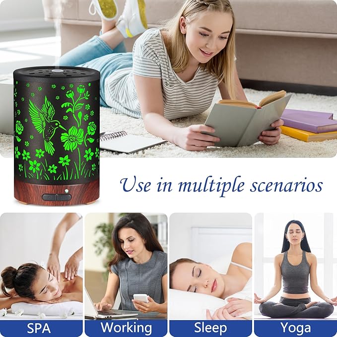 Essential Oil Diffuser- Aromatherapy Diffuser with7 Colors Light and Auto-Off for Women Metal Cool Mist Humidifier for Home and Office for Mom Women（Hummingbird）