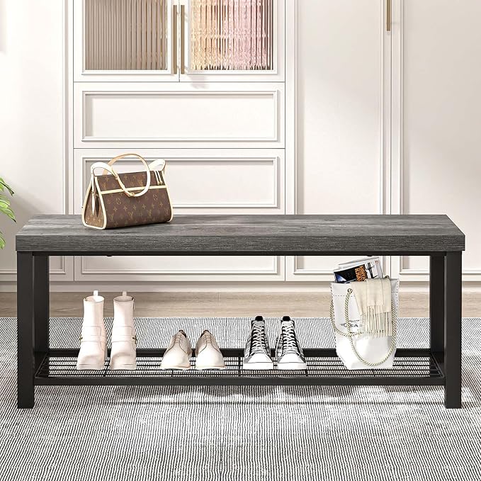 EXCEFUR Entryway Bench, Industrial Metal and Wood Storage Bench for Living Room, Indoor Shoe Rack Bench Seat, 43.3 Inch Grey