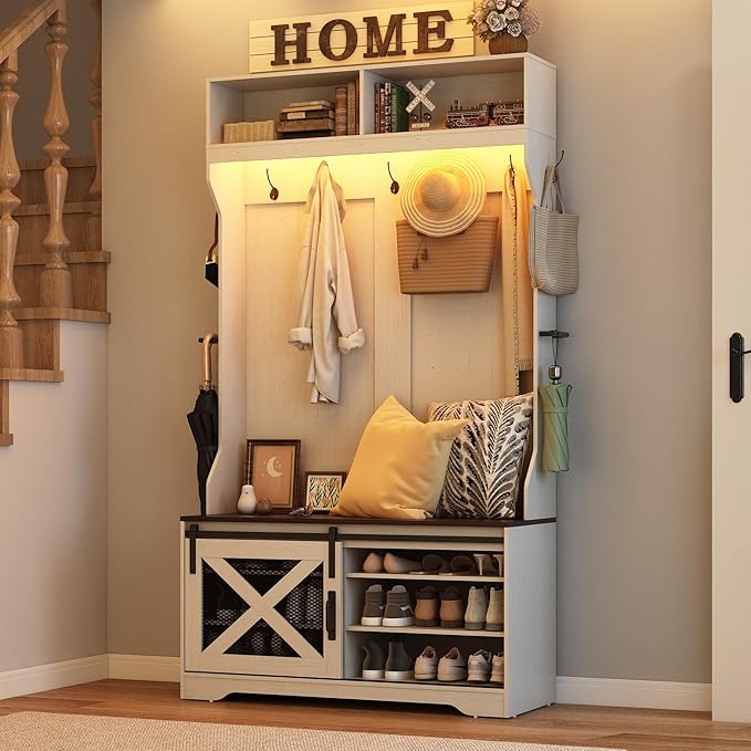 75''H LED Farmhouse Hall Tree with Bench and Shoe,Entryway Bench with Coat Rack,12 Shoe Cubbies & Umbrella Holder,Mudroom/Hallway Storages Cabinet(White)