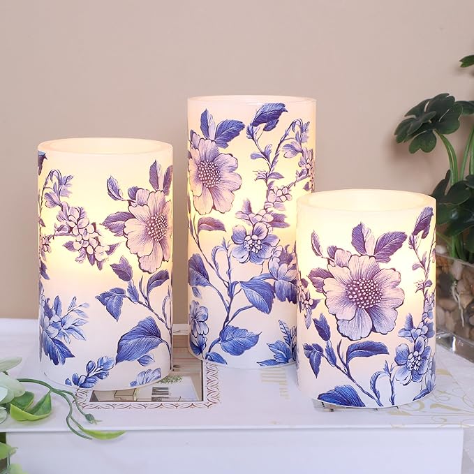 Crystal Club Chinoiserie Decor Flameless Candles Blue and White Porcelain Floral Battery Operated LED Pillar Candles with Remote & Timer Real Wax Candles Floral Decor for Home Wedding Centerpiece