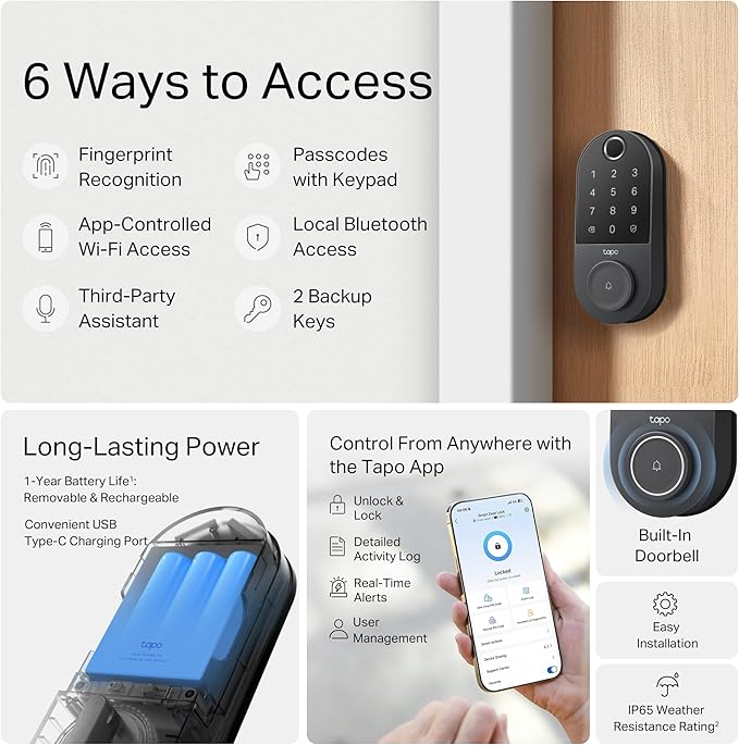 Tapo Smart Wi-Fi Door Lock, Deadbolt | Keyless Entry, Fingerprint Recognition, Touchscreen Keypad & in-App Monitoring with Scheduled Access|1-Year Rechargeable Battery | BHMA Grade 2 | DL110