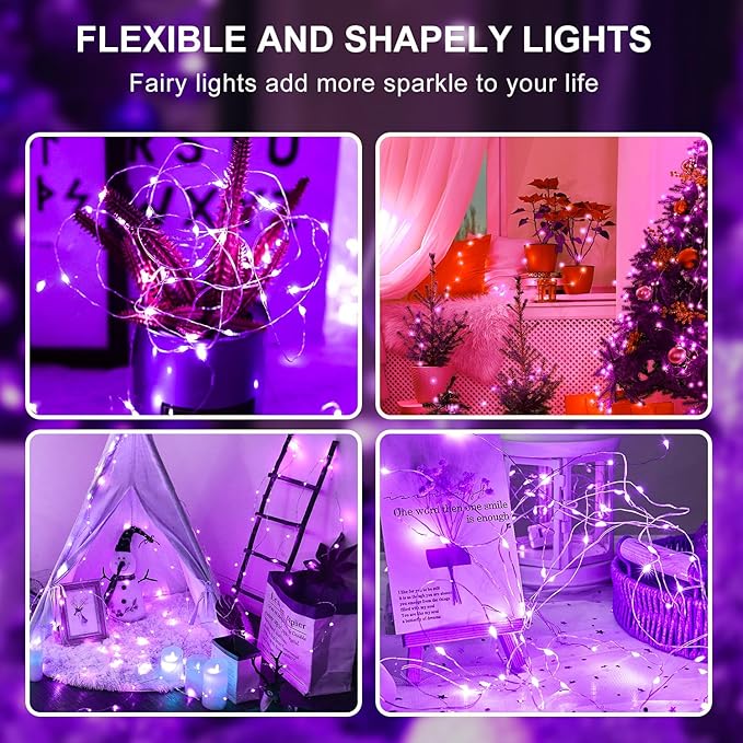 Aogist 100 Pack Fairy Lights 3 Modes 7ft 20 LED Waterproof,Battery Operated Silver Wire Firefly Starry Moon Mini String Lights for Mason Jars Christmas DIY Crafts Wedding Party Bedroom,Purple