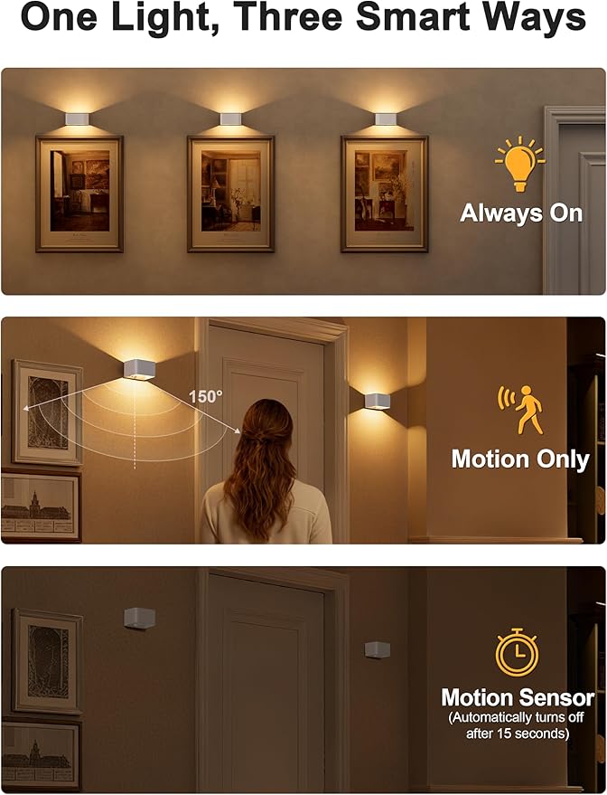 NIORSUN Motion Sensor Wall Light, 5000mAh Battery Operated Wall Sconce with Remote, 3CCT Dimmable Rechargeable Wall Lights,Wireless Sconces for Living Room Bedroom Hallway