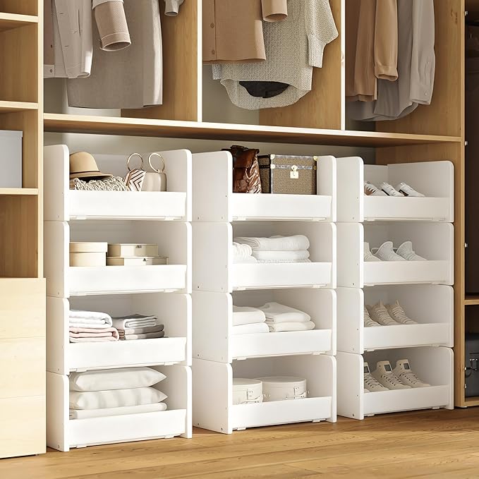 FOUCSSOMEI 4-Tier Stackable Closet Organizer and Storage Stackable Shelves – Heavy-Duty Darwers Wood & Metal, Easy Assembly, Space-Saving Vertical Storage for Bedroom, Closet, Patent Design